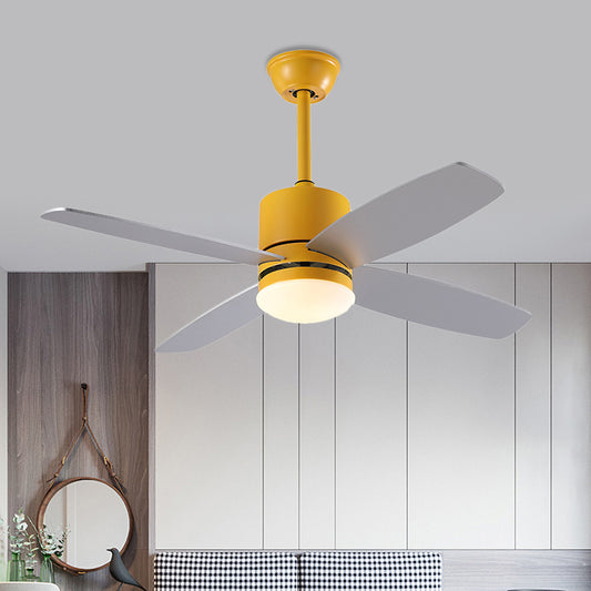 Cylinder Semi Flush Mounted Lamp Modern Metallic Green/Grey/Yellow 4 Blades LED Hanging Fan Light, 42" W Yellow Clearhalo 'Ceiling Fans with Lights' 'Ceiling Fans' 'Kids Ceiling Fans' 'Kids' Lighting' 403919