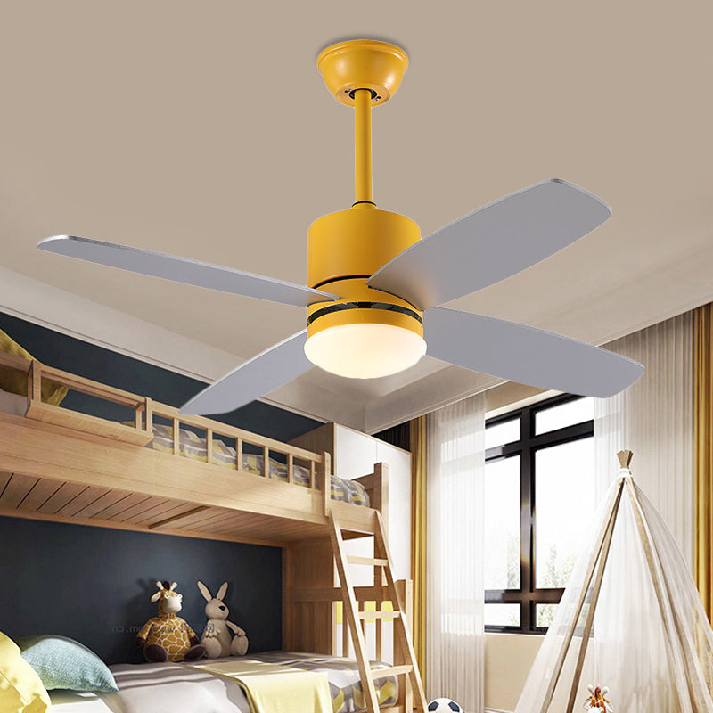 Cylinder Semi Flush Mounted Lamp Modern Metallic Green/Grey/Yellow 4 Blades LED Hanging Fan Light, 42" W Clearhalo 'Ceiling Fans with Lights' 'Ceiling Fans' 'Kids Ceiling Fans' 'Kids' Lighting' 403920