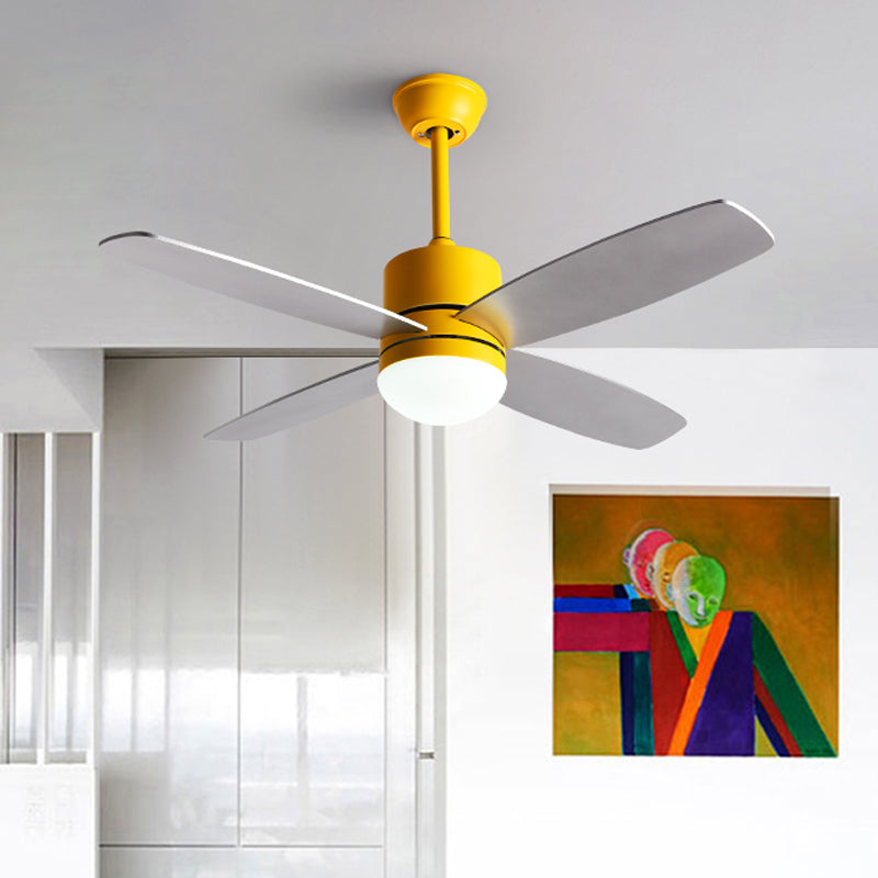Cylinder Semi Flush Mounted Lamp Modern Metallic Green/Grey/Yellow 4 Blades LED Hanging Fan Light, 42" W Clearhalo 'Ceiling Fans with Lights' 'Ceiling Fans' 'Kids Ceiling Fans' 'Kids' Lighting' 403921