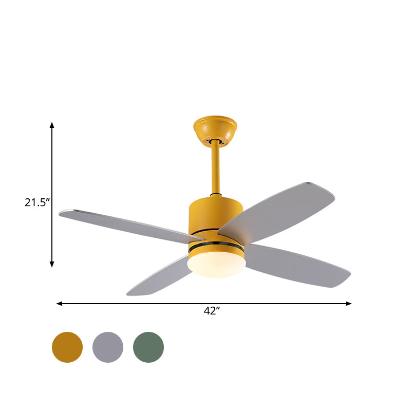 Cylinder Semi Flush Mounted Lamp Modern Metallic Green/Grey/Yellow 4 Blades LED Hanging Fan Light, 42" W Clearhalo 'Ceiling Fans with Lights' 'Ceiling Fans' 'Kids Ceiling Fans' 'Kids' Lighting' 403923