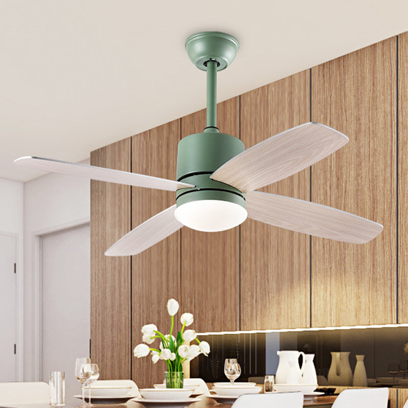 Cylinder Semi Flush Mounted Lamp Modern Metallic Green/Grey/Yellow 4 Blades LED Hanging Fan Light, 42" W Green Clearhalo 'Ceiling Fans with Lights' 'Ceiling Fans' 'Kids Ceiling Fans' 'Kids' Lighting' 403927