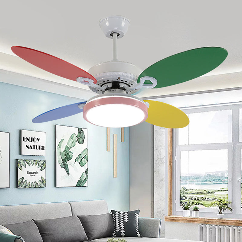42" W Round Acrylic Semi Flushmount Nordic Kids LED Hanging Ceiling Fan Lamp in White with 4 Colorful Blades White Clearhalo 'Ceiling Fans with Lights' 'Ceiling Fans' 'Kids Ceiling Fans' 'Kids' Lighting' 403936