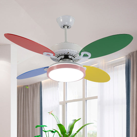 42" W Round Acrylic Semi Flushmount Nordic Kids LED Hanging Ceiling Fan Lamp in White with 4 Colorful Blades Clearhalo 'Ceiling Fans with Lights' 'Ceiling Fans' 'Kids Ceiling Fans' 'Kids' Lighting' 403937
