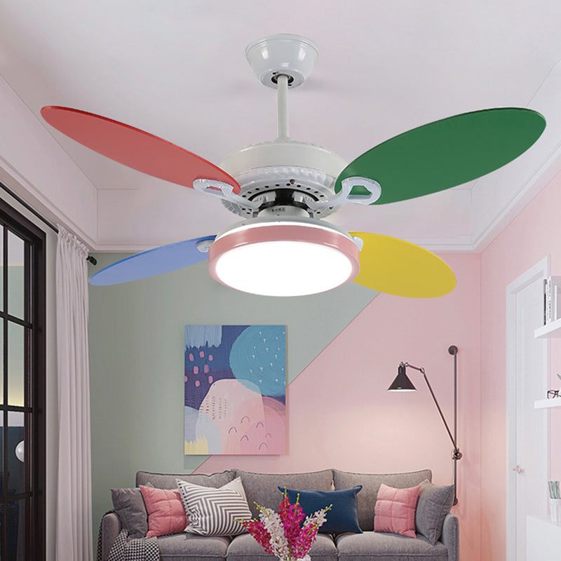 42" W Round Acrylic Semi Flushmount Nordic Kids LED Hanging Ceiling Fan Lamp in White with 4 Colorful Blades Clearhalo 'Ceiling Fans with Lights' 'Ceiling Fans' 'Kids Ceiling Fans' 'Kids' Lighting' 403938