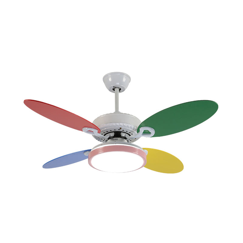 42" W Round Acrylic Semi Flushmount Nordic Kids LED Hanging Ceiling Fan Lamp in White with 4 Colorful Blades Clearhalo 'Ceiling Fans with Lights' 'Ceiling Fans' 'Kids Ceiling Fans' 'Kids' Lighting' 403939