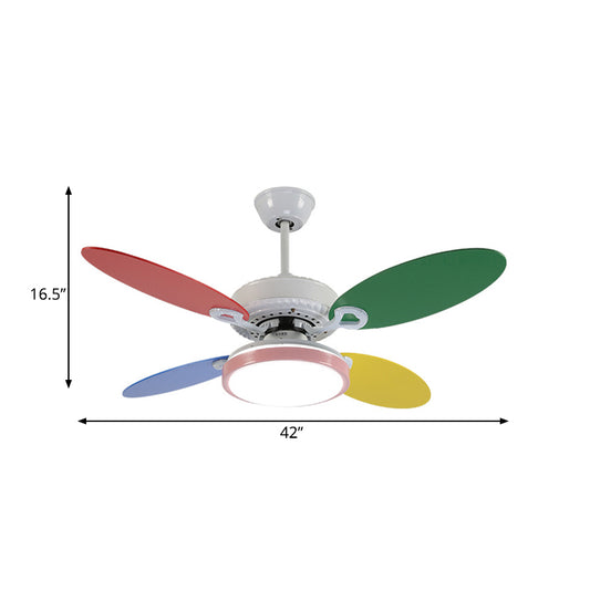 42" W Round Acrylic Semi Flushmount Nordic Kids LED Hanging Ceiling Fan Lamp in White with 4 Colorful Blades Clearhalo 'Ceiling Fans with Lights' 'Ceiling Fans' 'Kids Ceiling Fans' 'Kids' Lighting' 403940