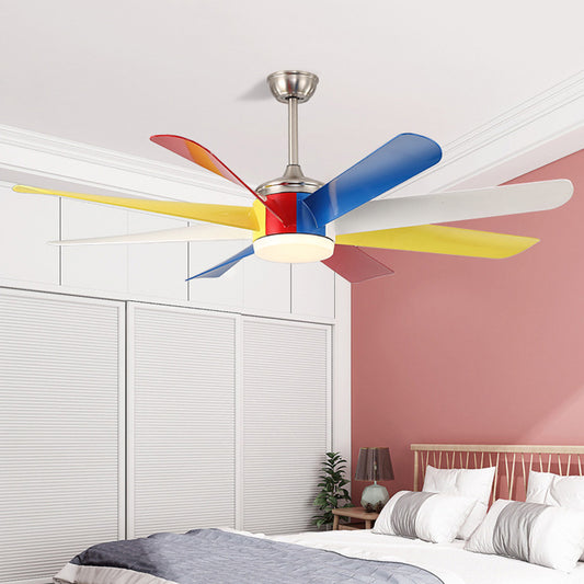 Contemporary Sputnik Pendant Fan Lamp Acrylic Living Room 60" Wide LED Semi Flush Light Fixture in Yellow with 8 Colorful Blades Clearhalo 'Ceiling Fans with Lights' 'Ceiling Fans' 'Kids Ceiling Fans' 'Kids' Lighting' 403942