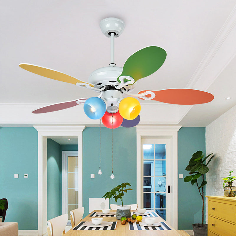 Globe Ceiling Fan Lighting Kids Style Blue-Red-Yellow Glass 3 Lights 42" W White Semi Flush Mount Lamp with 5 Multi-Color Blades White Clearhalo 'Ceiling Fans with Lights' 'Ceiling Fans' 'Kids Ceiling Fans' 'Kids' Lighting' 403946