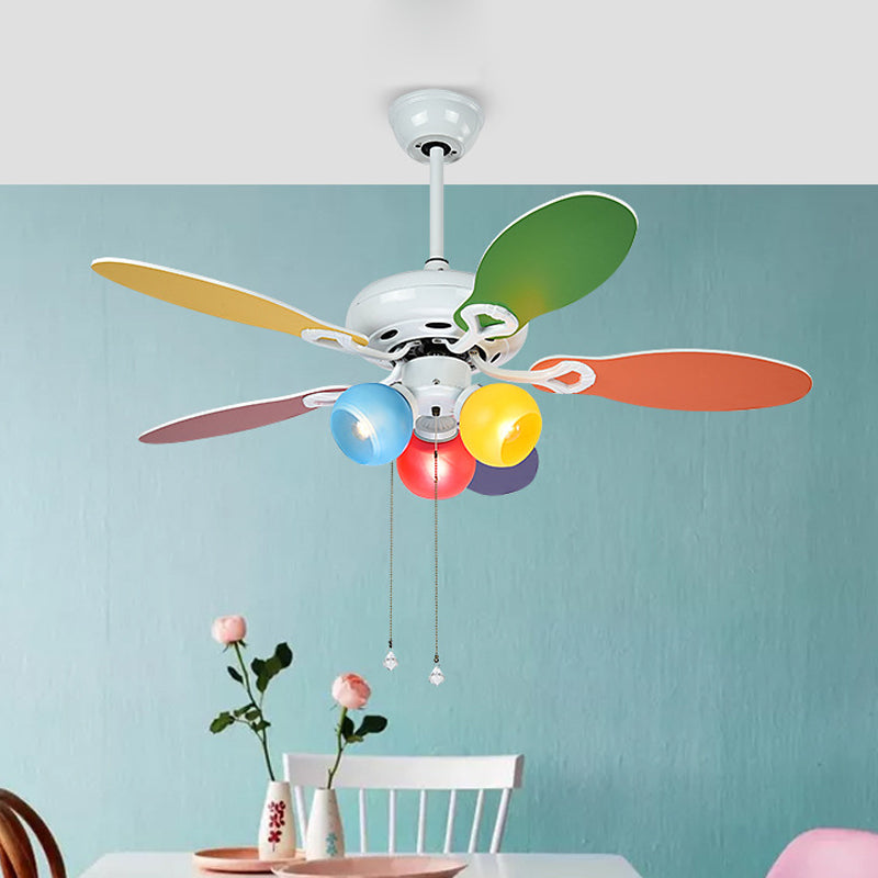 Globe Ceiling Fan Lighting Kids Style Blue-Red-Yellow Glass 3 Lights 42" W White Semi Flush Mount Lamp with 5 Multi-Color Blades Clearhalo 'Ceiling Fans with Lights' 'Ceiling Fans' 'Kids Ceiling Fans' 'Kids' Lighting' 403948