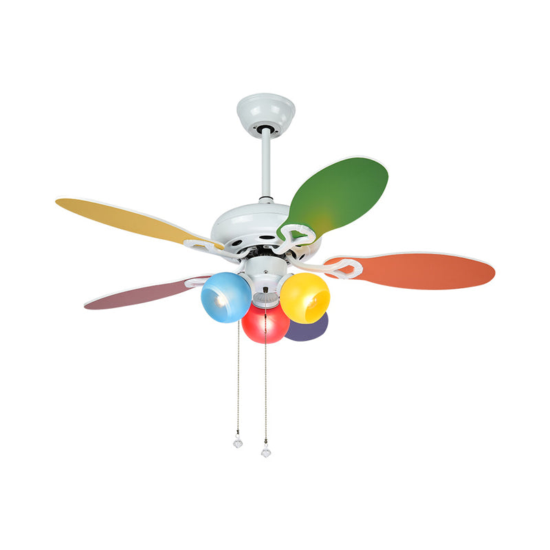 Globe Ceiling Fan Lighting Kids Style Blue-Red-Yellow Glass 3 Lights 42" W White Semi Flush Mount Lamp with 5 Multi-Color Blades Clearhalo 'Ceiling Fans with Lights' 'Ceiling Fans' 'Kids Ceiling Fans' 'Kids' Lighting' 403949