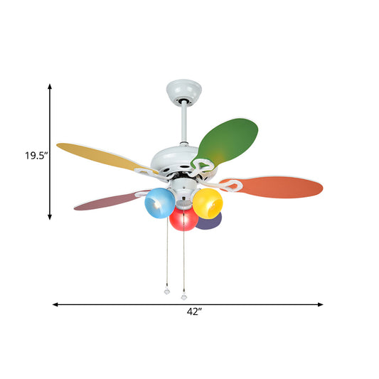Globe Ceiling Fan Lighting Kids Style Blue-Red-Yellow Glass 3 Lights 42" W White Semi Flush Mount Lamp with 5 Multi-Color Blades Clearhalo 'Ceiling Fans with Lights' 'Ceiling Fans' 'Kids Ceiling Fans' 'Kids' Lighting' 403950