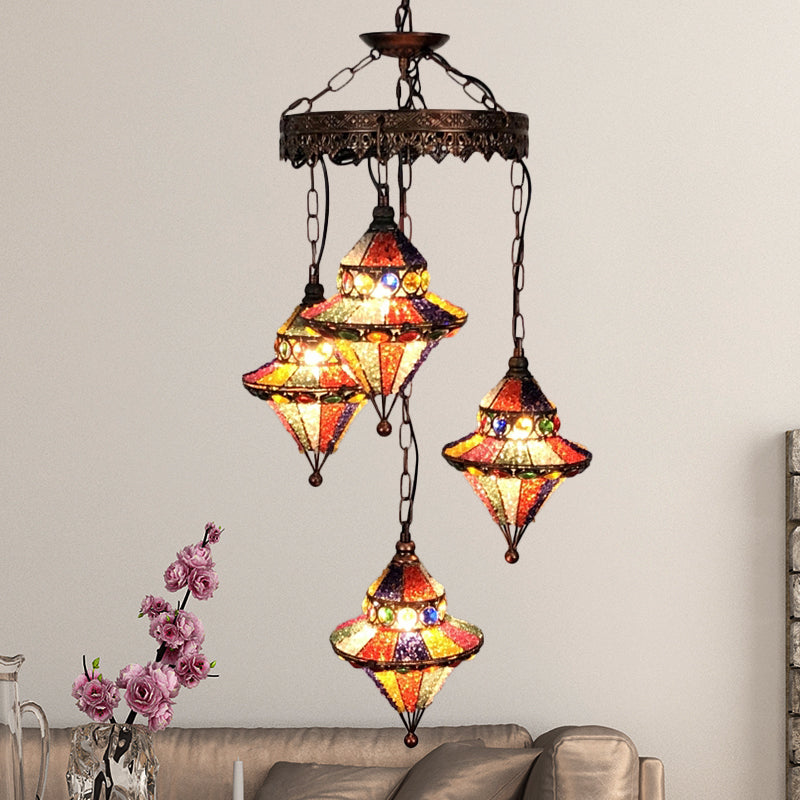 Lantern Metal Chandelier Lighting Fixture Bohemian 4 Bulbs Restaurant Ceiling Light in Yellow/Orange/Purple Orange Clearhalo 'Ceiling Lights' 'Chandeliers' 'Glass shade' 'Glass' 'Island Lights' Lighting' 404029