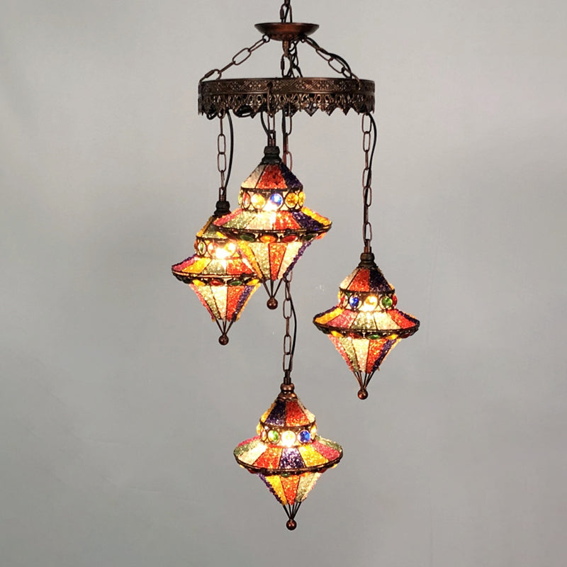 Lantern Metal Chandelier Lighting Fixture Bohemian 4 Bulbs Restaurant Ceiling Light in Yellow/Orange/Purple Clearhalo 'Ceiling Lights' 'Chandeliers' 'Glass shade' 'Glass' 'Island Lights' Lighting' 404032