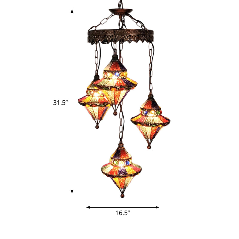 Lantern Metal Chandelier Lighting Fixture Bohemian 4 Bulbs Restaurant Ceiling Light in Yellow/Orange/Purple Clearhalo 'Ceiling Lights' 'Chandeliers' 'Glass shade' 'Glass' 'Island Lights' Lighting' 404033