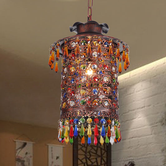 Bohemian Cylinder Drop Pendant 1 Bulb Metal Hanging Ceiling Light in Copper for Balcony Clearhalo 'Ceiling Lights' 'Pendant Lights' 'Pendants' Lighting' 404129