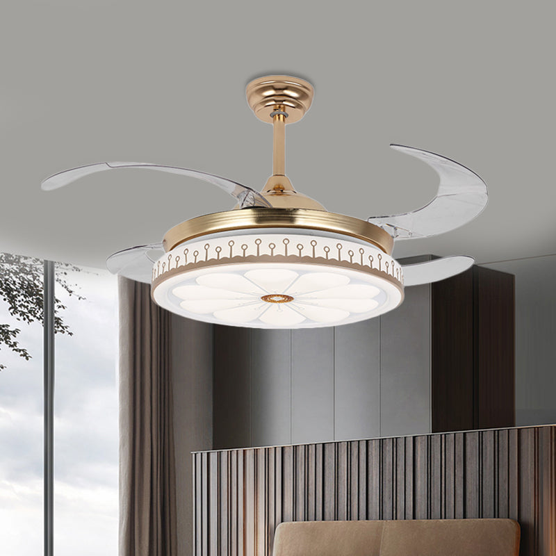 LED 42" W Round Fan Lamp Modern Gold Metal 4 Blades Semi Flush Mount Lighting for Bedroom, Remote/Wall Control/Remote and Wall Control Gold Clearhalo 'Ceiling Fans with Lights' 'Ceiling Fans' 'Modern Ceiling Fans' 'Modern' Lighting' 404491