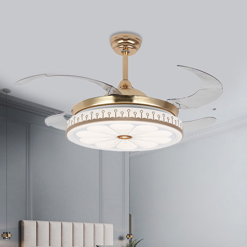 LED 42" W Round Fan Lamp Modern Gold Metal 4 Blades Semi Flush Mount Lighting for Bedroom, Remote/Wall Control/Remote and Wall Control Clearhalo 'Ceiling Fans with Lights' 'Ceiling Fans' 'Modern Ceiling Fans' 'Modern' Lighting' 404492