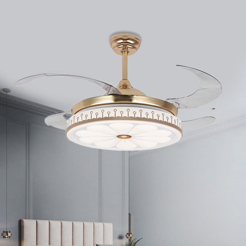 LED 42" W Round Fan Lamp Modern Gold Metal 4 Blades Semi Flush Mount Lighting for Bedroom, Remote/Wall Control/Remote and Wall Control Clearhalo 'Ceiling Fans with Lights' 'Ceiling Fans' 'Modern Ceiling Fans' 'Modern' Lighting' 404492