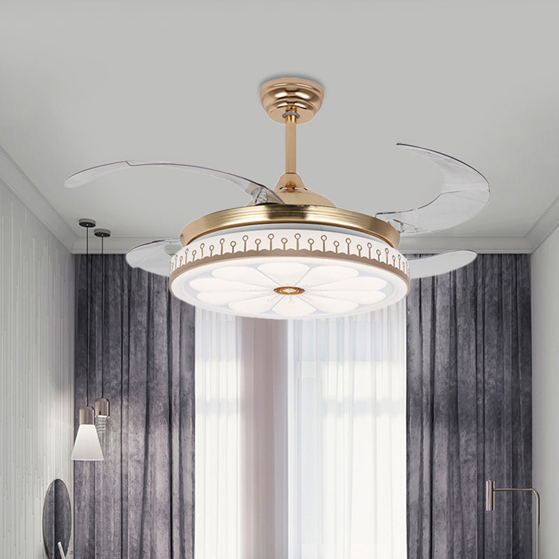 LED 42" W Round Fan Lamp Modern Gold Metal 4 Blades Semi Flush Mount Lighting for Bedroom, Remote/Wall Control/Remote and Wall Control Clearhalo 'Ceiling Fans with Lights' 'Ceiling Fans' 'Modern Ceiling Fans' 'Modern' Lighting' 404493