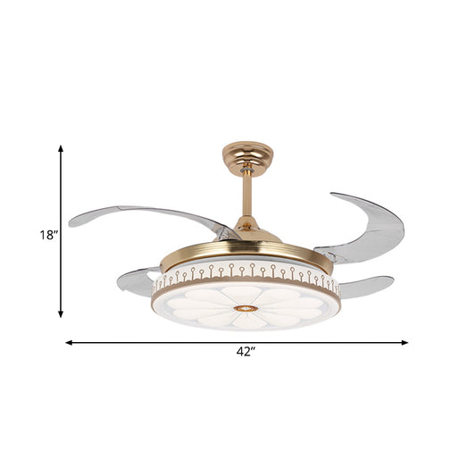LED 42" W Round Fan Lamp Modern Gold Metal 4 Blades Semi Flush Mount Lighting for Bedroom, Remote/Wall Control/Remote and Wall Control Clearhalo 'Ceiling Fans with Lights' 'Ceiling Fans' 'Modern Ceiling Fans' 'Modern' Lighting' 404495