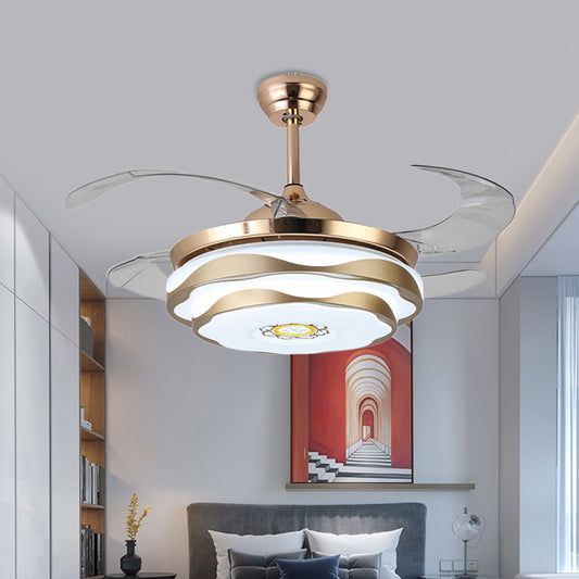 Metal Gold Pendant Fan Lamp Circular LED 42" Wide Modern 4 Blades Semi Flush Ceiling Light Fixture for Bedroom, Remote/Wall Control/Remote and Wall Control Gold Clearhalo 'Ceiling Fans with Lights' 'Ceiling Fans' 'Modern Ceiling Fans' 'Modern' Lighting' 404496