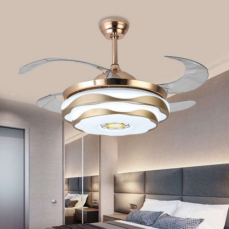 Metal Gold Pendant Fan Lamp Circular LED 42" Wide Modern 4 Blades Semi Flush Ceiling Light Fixture for Bedroom, Remote/Wall Control/Remote and Wall Control Clearhalo 'Ceiling Fans with Lights' 'Ceiling Fans' 'Modern Ceiling Fans' 'Modern' Lighting' 404497