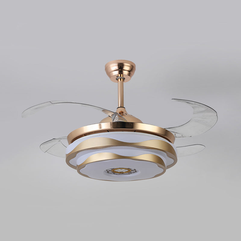 Metal Gold Pendant Fan Lamp Circular LED 42" Wide Modern 4 Blades Semi Flush Ceiling Light Fixture for Bedroom, Remote/Wall Control/Remote and Wall Control Clearhalo 'Ceiling Fans with Lights' 'Ceiling Fans' 'Modern Ceiling Fans' 'Modern' Lighting' 404499