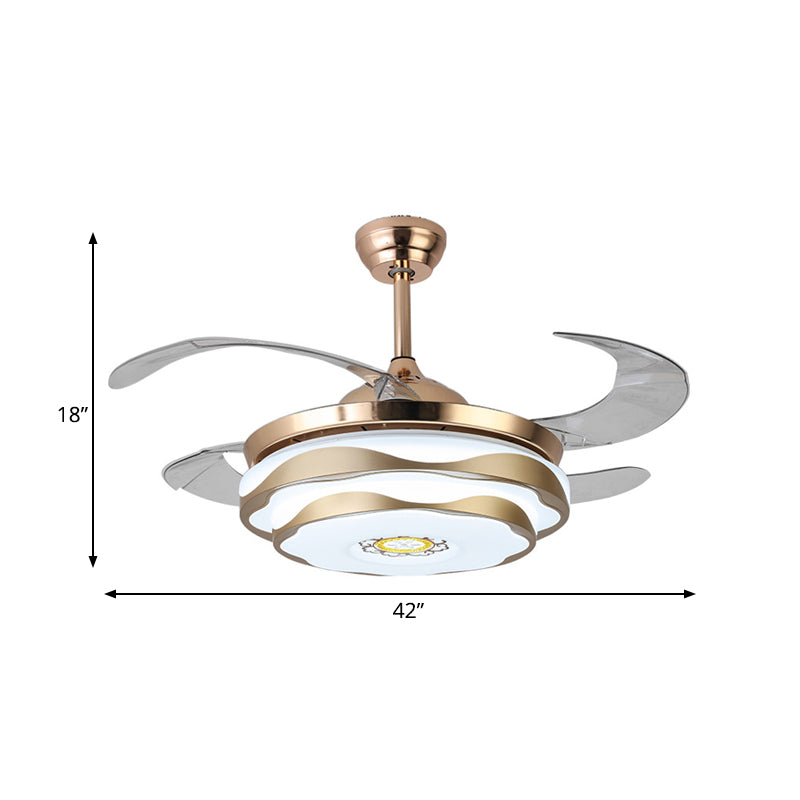 Metal Gold Pendant Fan Lamp Circular LED 42" Wide Modern 4 Blades Semi Flush Ceiling Light Fixture for Bedroom, Remote/Wall Control/Remote and Wall Control Clearhalo 'Ceiling Fans with Lights' 'Ceiling Fans' 'Modern Ceiling Fans' 'Modern' Lighting' 404500