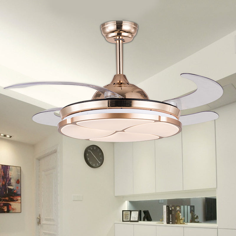 36" Wide Gold LED Hanging Fan Lighting Minimalism Metal Ring 4 Clear Blades Semi Flush Ceiling Light for Living Room, Remote/Wall Control/Remote and Wall Control Clearhalo 'Ceiling Fans with Lights' 'Ceiling Fans' 'Modern Ceiling Fans' 'Modern' Lighting' 404507