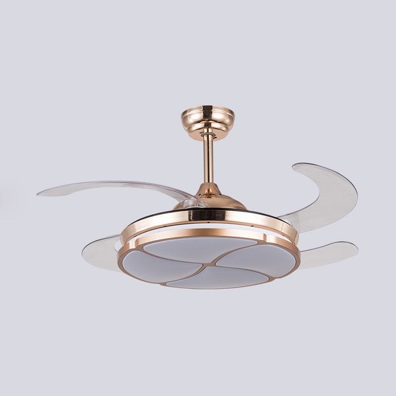 36" Wide Gold LED Hanging Fan Lighting Minimalism Metal Ring 4 Clear Blades Semi Flush Ceiling Light for Living Room, Remote/Wall Control/Remote and Wall Control Clearhalo 'Ceiling Fans with Lights' 'Ceiling Fans' 'Modern Ceiling Fans' 'Modern' Lighting' 404509