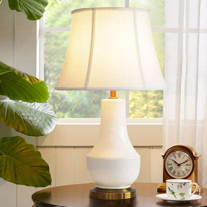 Modern Bell Shape Desk Lamp Fabric 1 Bulb Table Light in White with Jar Ceramic Base White Clearhalo 'Lamps' 'Table Lamps' Lighting' 404534