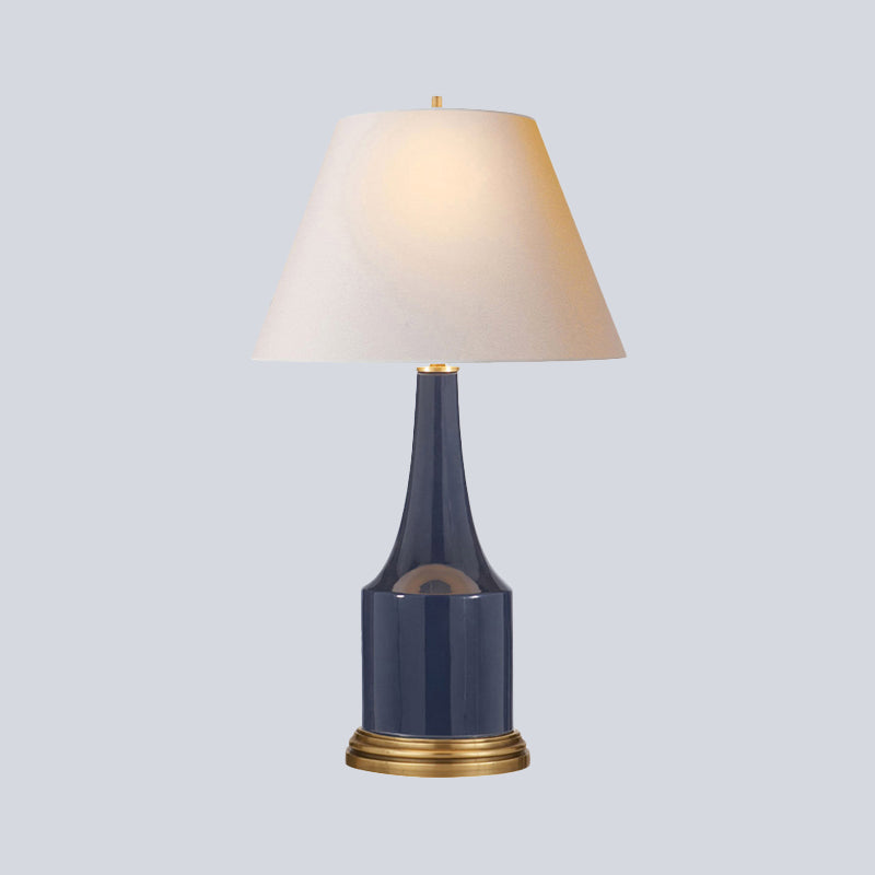 Cone Shape Desk Lamp Modern Fabric 1 Bulb White Table Light, Jar Blue Ceramic Base Clearhalo 'Lamps' 'Table Lamps' Lighting' 404609
