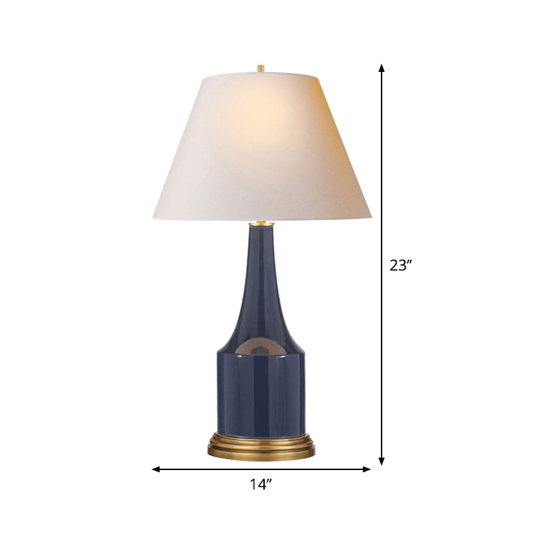 Cone Shape Desk Lamp Modern Fabric 1 Bulb White Table Light, Jar Blue Ceramic Base Clearhalo 'Lamps' 'Table Lamps' Lighting' 404610