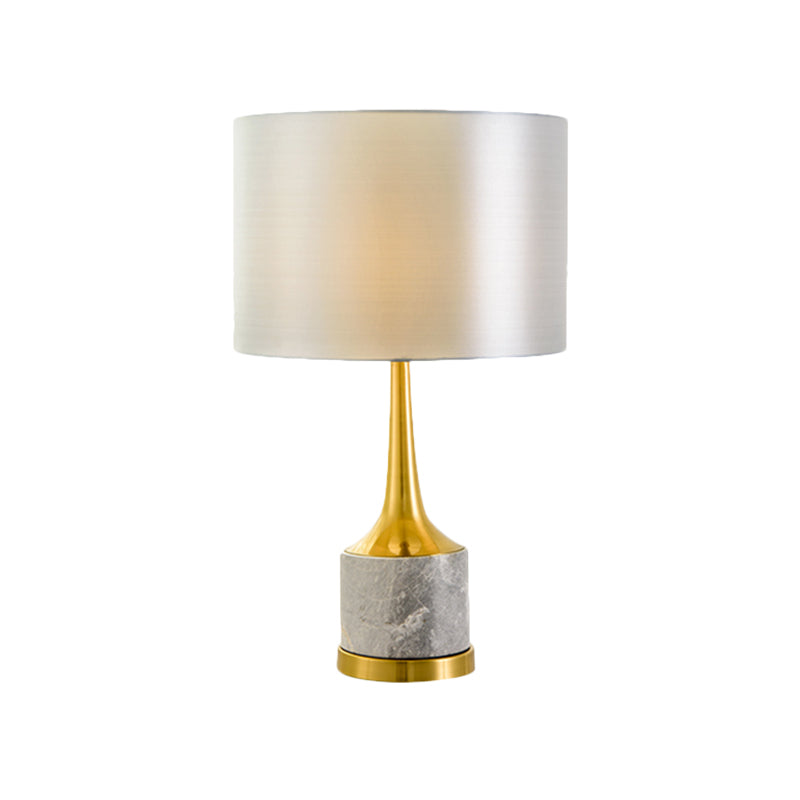 Modern Drum Fabric Night Lighting 1-Light Nightstand Lamp in White with Marble Base for Living Room Clearhalo 'Lamps' 'Table Lamps' Lighting' 404904