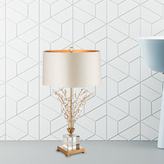 Fabric Drum Table Light Modernism 1 Head Small Desk Lamp in Gold with Crystal Leaf Gold Clearhalo 'Lamps' 'Table Lamps' Lighting' 405093