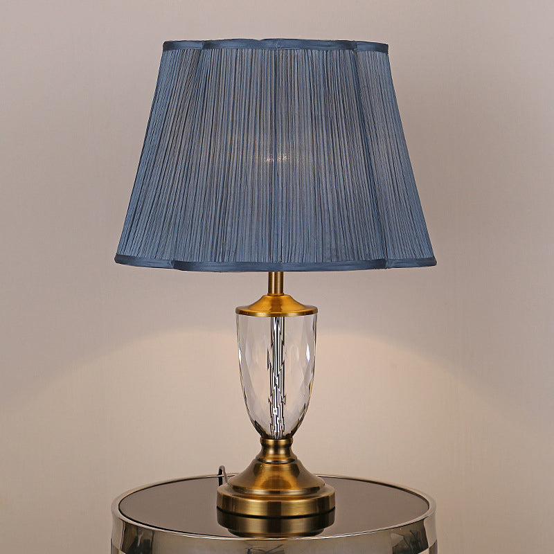 Modernist Cup Fabric Table Light Hand-Cut Crystal 1 Bulb Small Desk Lamp in Blue Blue Clearhalo 'Lamps' 'Table Lamps' Lighting' 405363