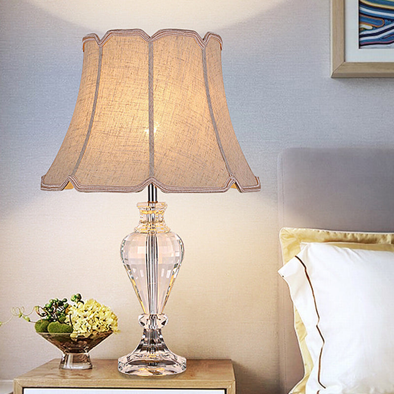 Flare Study Lamp Modern Fabric 1 Head Beige Reading Light with Clear Crystal Base Beige Clearhalo 'Lamps' 'Table Lamps' Lighting' 405373
