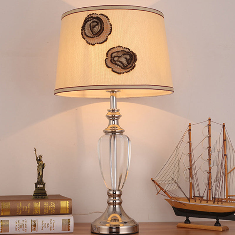 1 Head Bedroom Desk Light Modern Beige Night Table Lamp with Barrel Fabric Shade Clearhalo 'Lamps' 'Table Lamps' Lighting' 405414