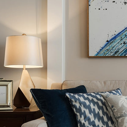 White Geometric Night Lamp Luxury 1-Head Metal Table Lighting with Barrel Fabric Shade White Clearhalo 'Lamps' 'Table Lamps' Lighting' 405827