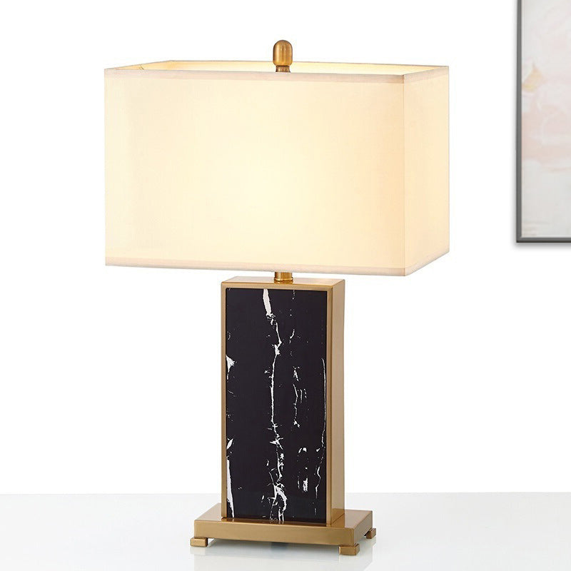 1-Bulb Living Room Table Lamp Luxury Black Fabric Nightstand Light with Rectangle Stone Base Clearhalo 'Lamps' 'Table Lamps' Lighting' 405873