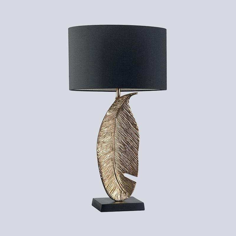 1-Light Bedroom Night Lighting Post-Modern Black Fabric Table Lamp with Leaf-Shaped Metal Base Clearhalo 'Lamps' 'Table Lamps' Lighting' 405920