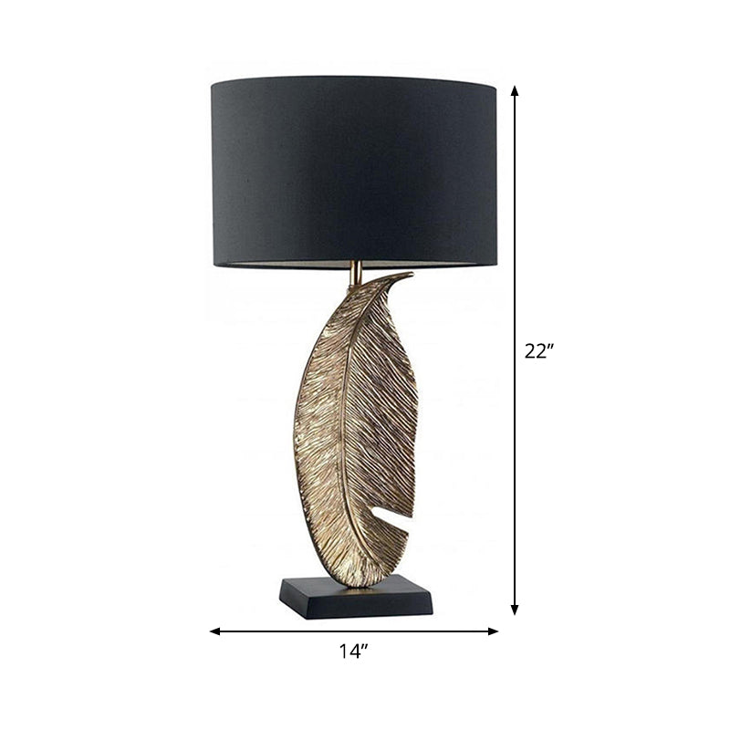 1-Light Bedroom Night Lighting Post-Modern Black Fabric Table Lamp with Leaf-Shaped Metal Base Clearhalo 'Lamps' 'Table Lamps' Lighting' 405921