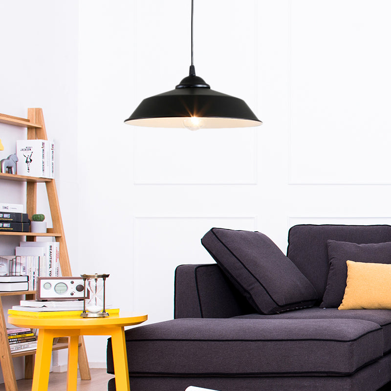 Metallic Black Finish Ceiling Lamp Barn Shade 1 Head Retro Industrial Hanging Pendant Light for Restaurant, 10"/14" Wide Black 14" Clearhalo 'Art Deco Pendants' 'Black' 'Cast Iron' 'Ceiling Lights' 'Ceramic' 'Crystal' 'Industrial Pendants' 'Industrial' 'Metal' 'Middle Century Pendants' 'Pendant Lights' 'Pendants' 'Rustic Pendants' 'Tiffany' Lighting' 40611