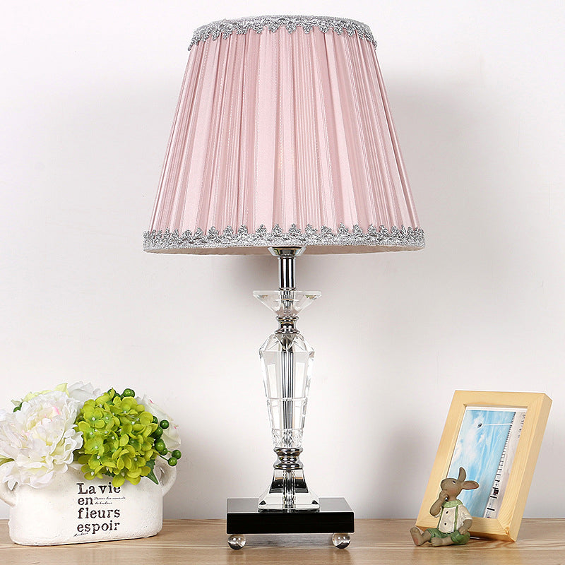 1-Head Bedroom Crystal Table Lighting Contemporary Pink/Blue Nightstand Light with Conical Fabric Shade Clearhalo 'Lamps' 'Table Lamps' Lighting' 406178