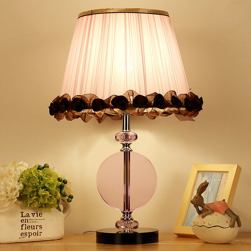 Modernism 1-Light Nightstand Lamp Pink Pleated Shade Night Table Lighting with K9 Crystal Pink Clearhalo 'Lamps' 'Table Lamps' Lighting' 406204