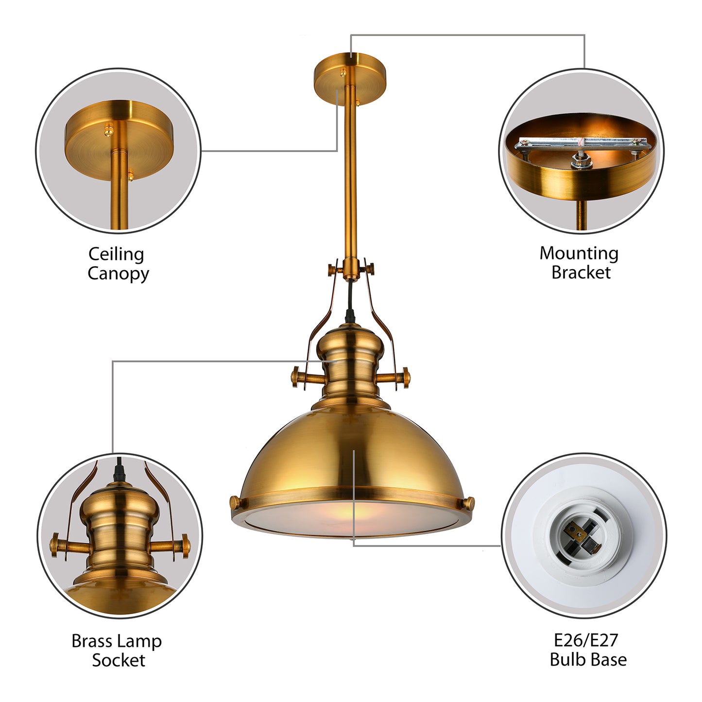 Metal Dome Shade Pendant Light Antique Style 1 Light Hanging Lamp with Frosted Diffuser in Antique Brass Clearhalo 'Art Deco Pendants' 'Cast Iron' 'Ceiling Lights' 'Ceramic' 'Crystal' 'Industrial Pendants' 'Industrial' 'Metal' 'Middle Century Pendants' 'Pendant Lights' 'Pendants' 'Tiffany' Lighting' 4063