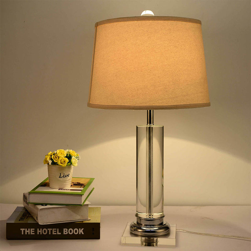 Contemporary 1 Head Task Lighting White Barrel Night Table Lamp with Fabric Shade and Cylinder Crystal Base Clearhalo 'Lamps' 'Table Lamps' Lighting' 406659
