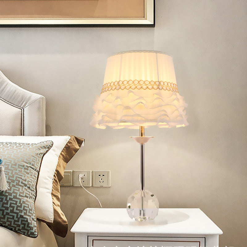 White Flare Task Light Modern 1 Bulb Fabric Reading Lamp with Ball Clear Crystal Base White Clearhalo 'Lamps' 'Table Lamps' Lighting' 406796