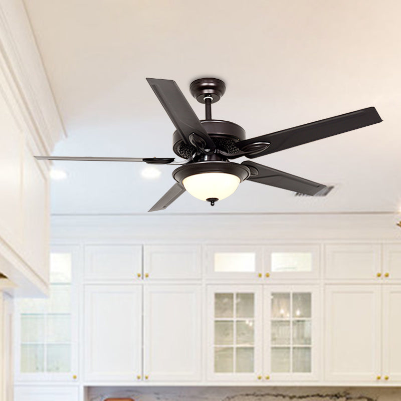 White Glass Black Ceiling Fan Lighting Dome Traditional 5 Vanes LED Semi Flush Lamp Fixture with Wall/Remote Control, 42" Wide Clearhalo 'Ceiling Fans with Lights' 'Ceiling Fans' Lighting' 406972