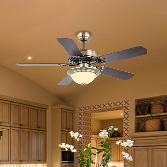 Country Style Dome Semi Flush Lamp Cream Glass 42" W LED Ceiling Fan Light Fixture in Brass for Living Room with 5 Blades, Wall/Remote Control Brass Clearhalo 'Ceiling Fans with Lights' 'Ceiling Fans' Lighting' 406986